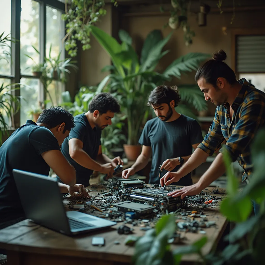 Equipa reparando laptop, sustentabilidade