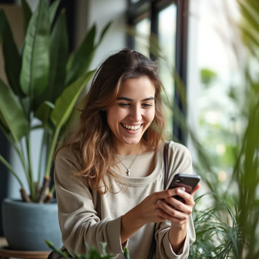 Mulher grata com o seu telemóvel reparado