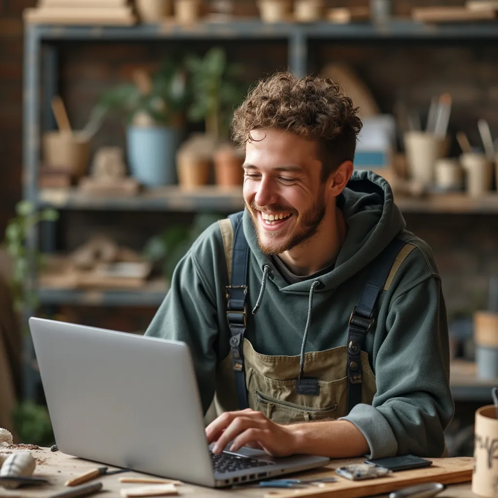Homem satisfeito com laptop
